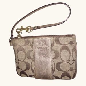 ✨ Coach Signature Monogram Wristlet Zip Pouch Khaki Brown Canvas Mini Bag